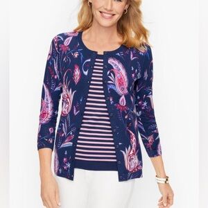 Talbots Charming Collection Blue & Pink Winding Paisley Cardigan Sweater Sz S